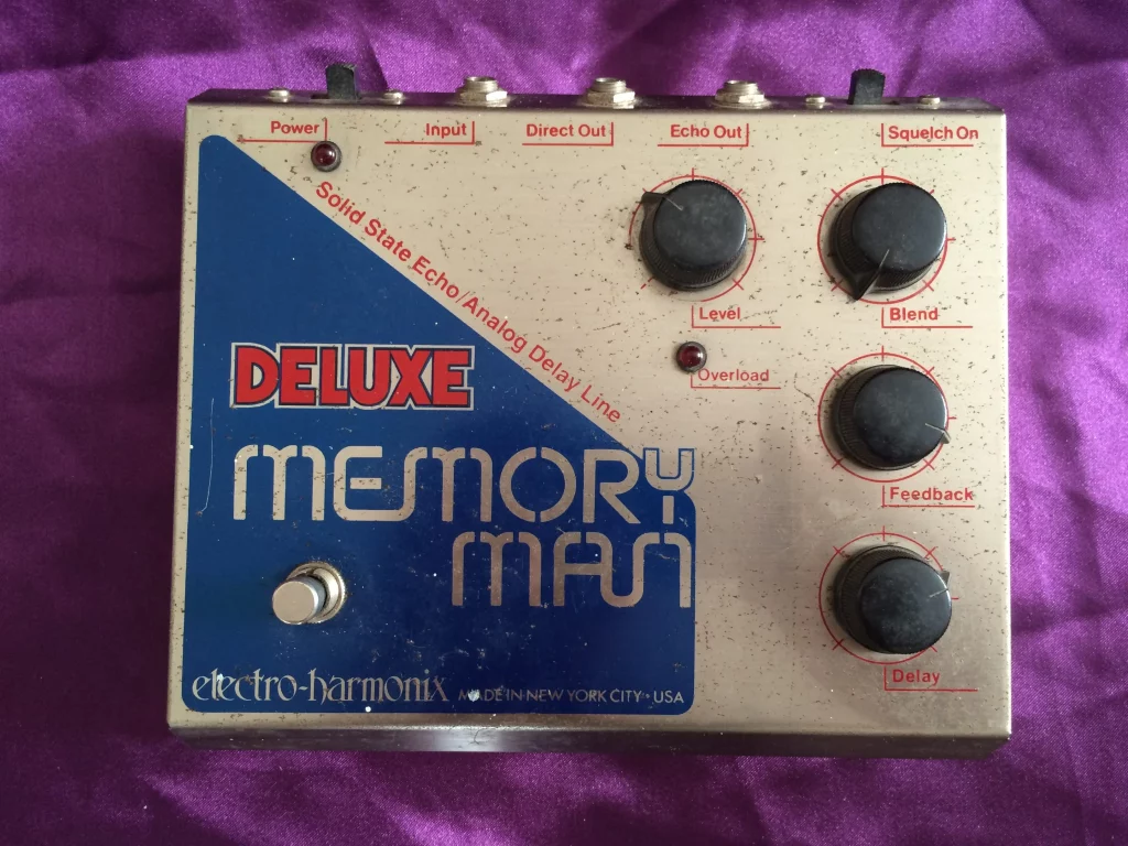 A rare early Electro Harmonix Deluxe Memory Man with logo on dark blue background (instead of black).
