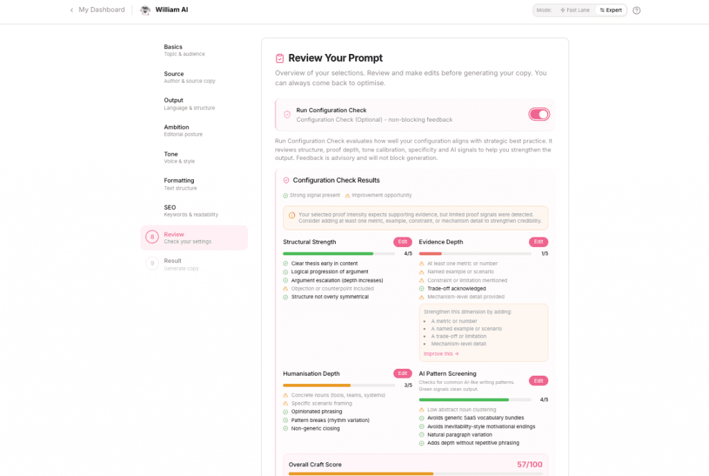 William AI - app screenshot - Configuration Check 1