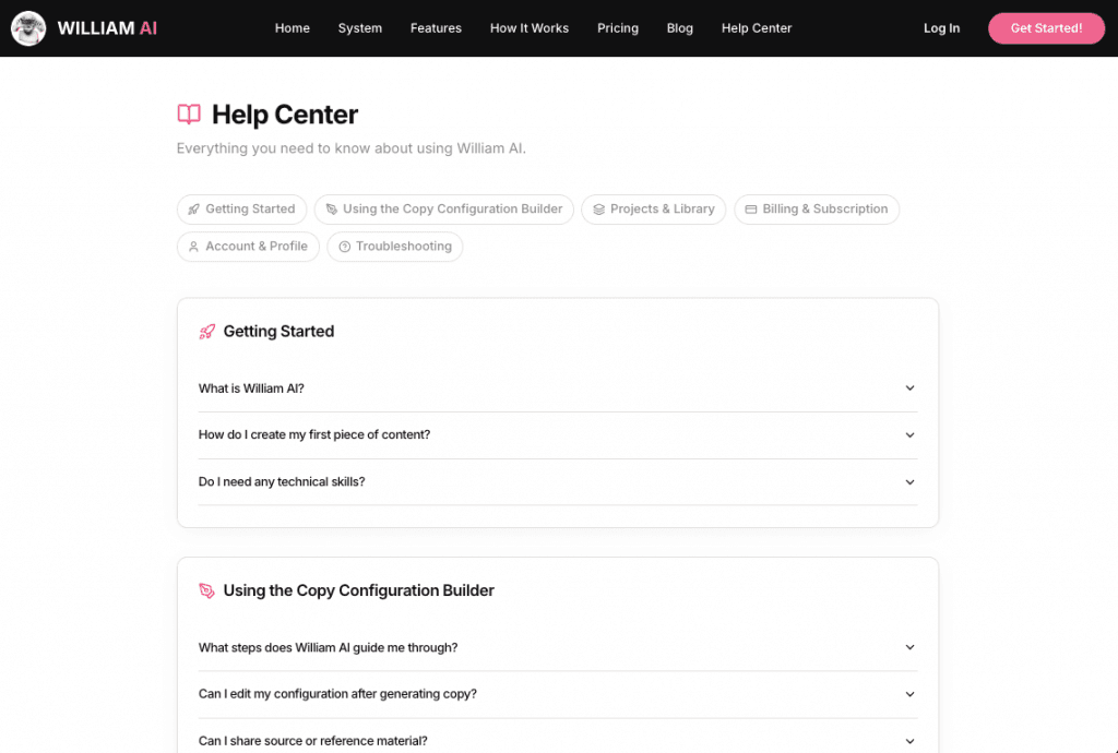 William AI - app screenshot - Help Center